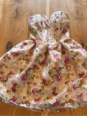 Minuet Petite Floral Strapless Dress Cream Pink Formal Wedding Prom Romantic L